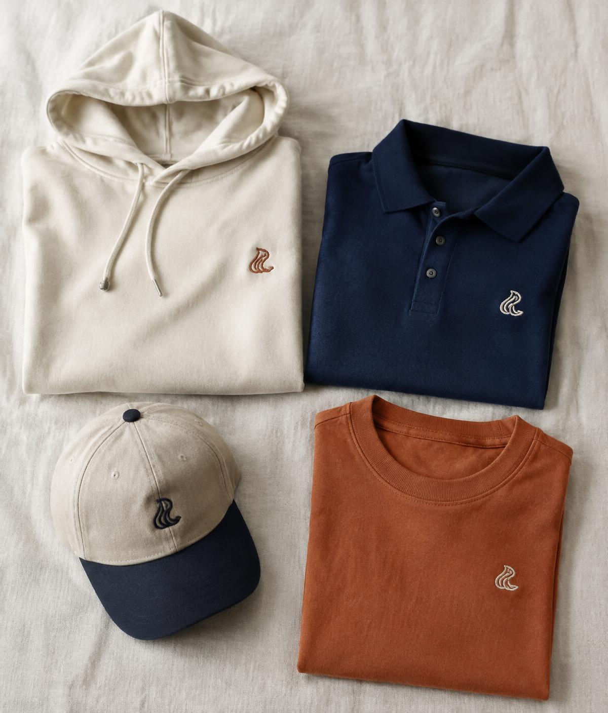 Folded custom apparel: cream hoodie, navy polo, terracotta tee and two-tone cap with embroidered marks