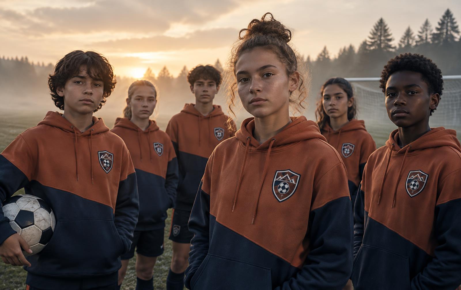 Youth soccer team wearing matching custom-printed terracotta and navy hoodies at sunrise