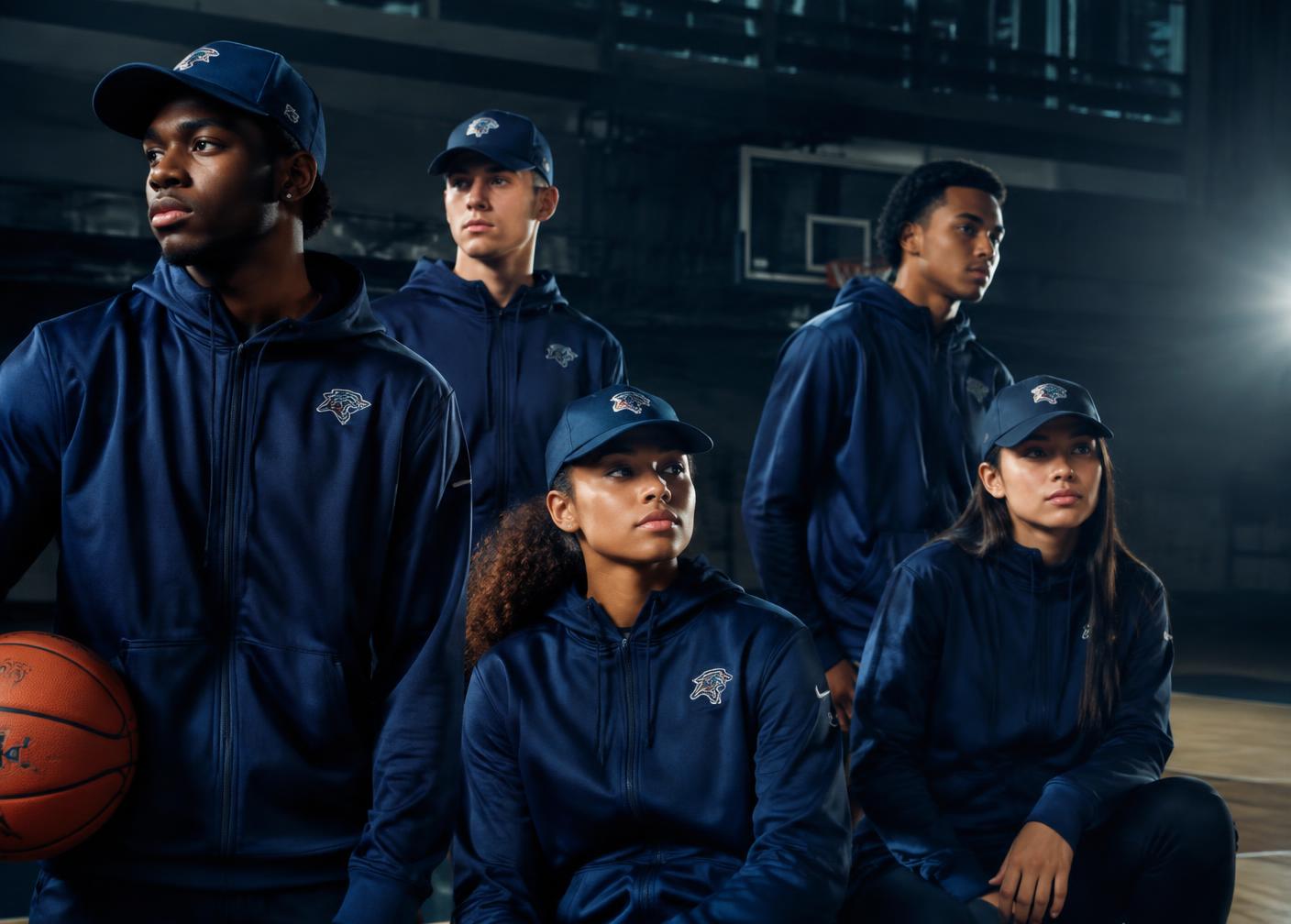Basketball players in matching navy embroidered hoodies and caps